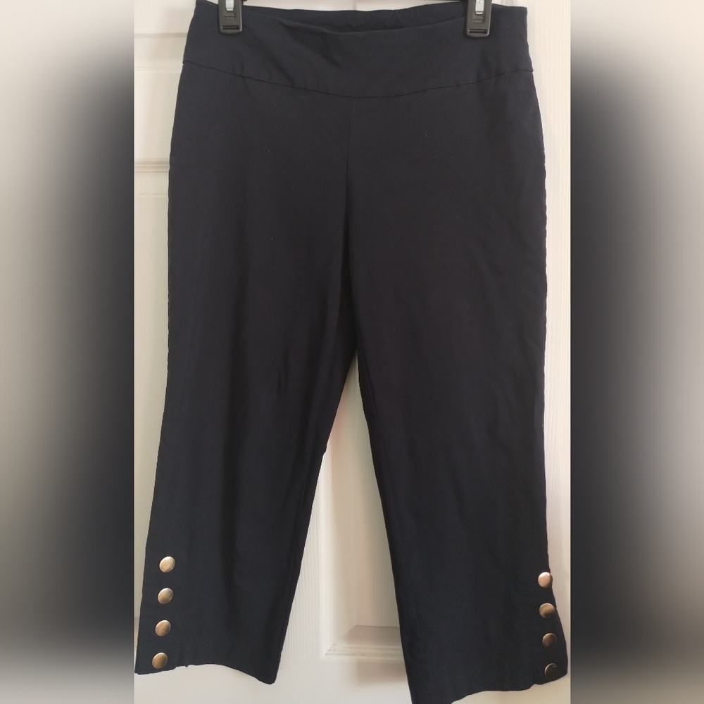 Zac & Rachel Navy Stretchy Capri Pants With Gold Button Accent